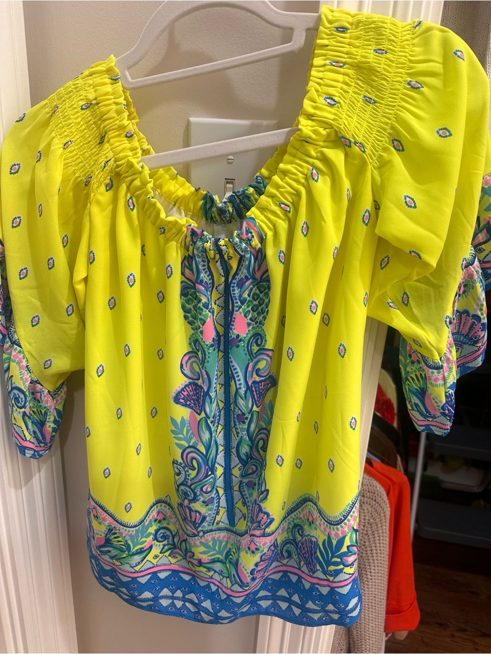 Lilly Pulitzer Neon Yellow Off-Shoulder Border Print Blouse